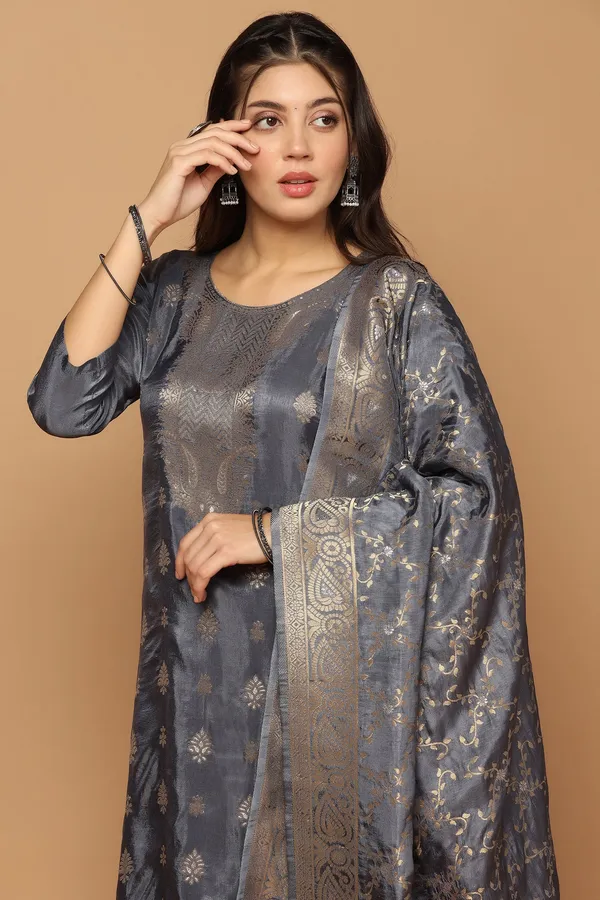 Grey_Dola_Silk_Jacquard_Work_Kurta_Set_With_Dupatta_For_Women