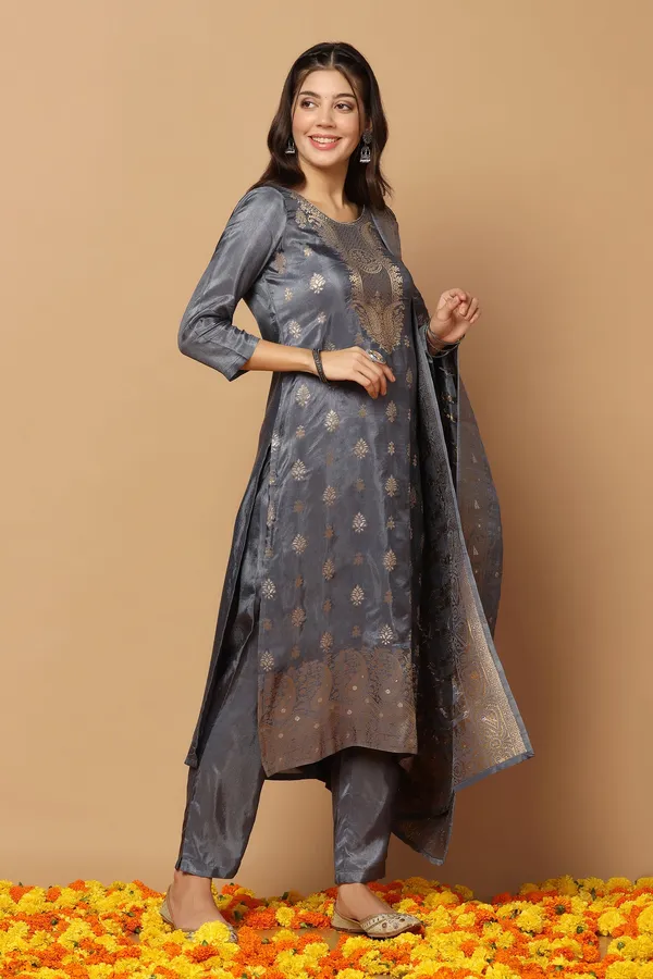 Grey_Dola_Silk_Jacquard_Work_Kurta_Set_With_Dupatta_For_Women