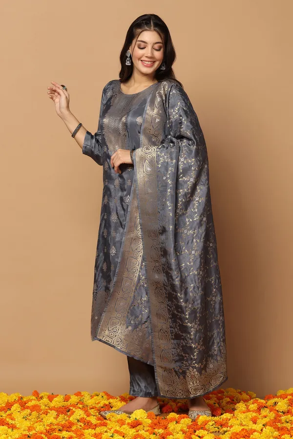 Grey_Dola_Silk_Jacquard_Work_Kurta_Set_With_Dupatta_For_Women
