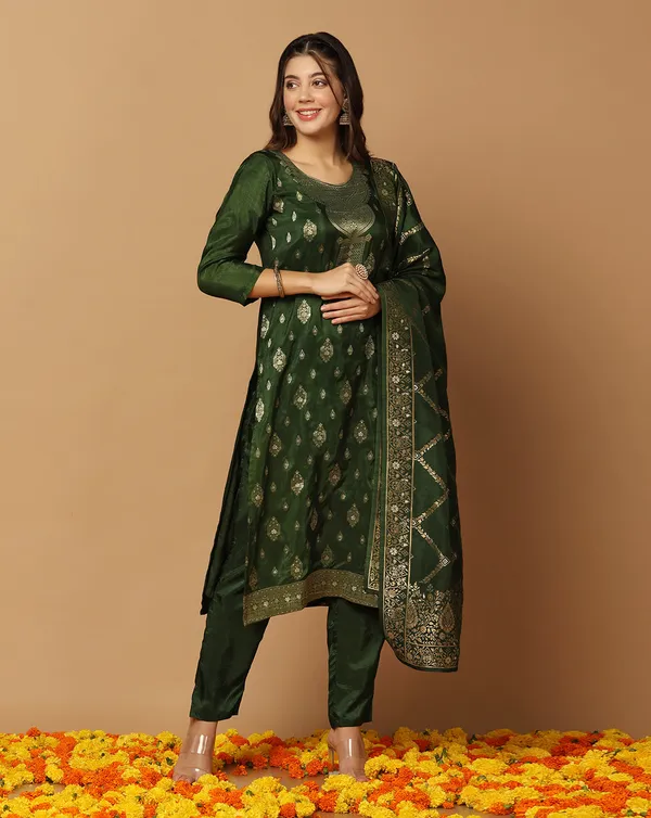 Dark_Green_Dola_Silk_Jacquard_Work_Kurta_Set_With_Dupatta_For_Women