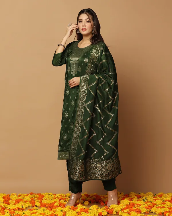 Dark_Green_Dola_Silk_Jacquard_Work_Kurta_Set_With_Dupatta_For_Women