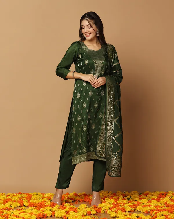 Dark_Green_Dola_Silk_Jacquard_Work_Kurta_Set_With_Dupatta_For_Women