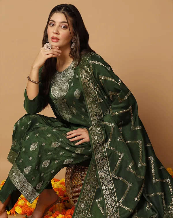 Dark_Green_Dola_Silk_Jacquard_Work_Kurta_Set_With_Dupatta_For_Women