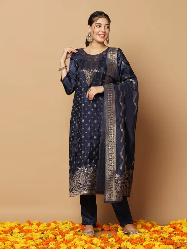 Dark_Blue_Dola_Silk_Jacquard_Work_Kurta_Set_With_Dupatta_For_Women