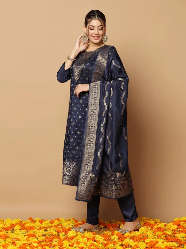 Dark_Blue_Dola_Silk_Jacquard_Work_Kurta_Set_With_Dupatta_For_Women