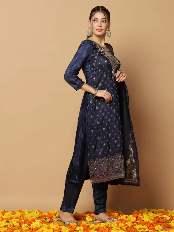 Dark_Blue_Dola_Silk_Jacquard_Work_Kurta_Set_With_Dupatta_For_Women