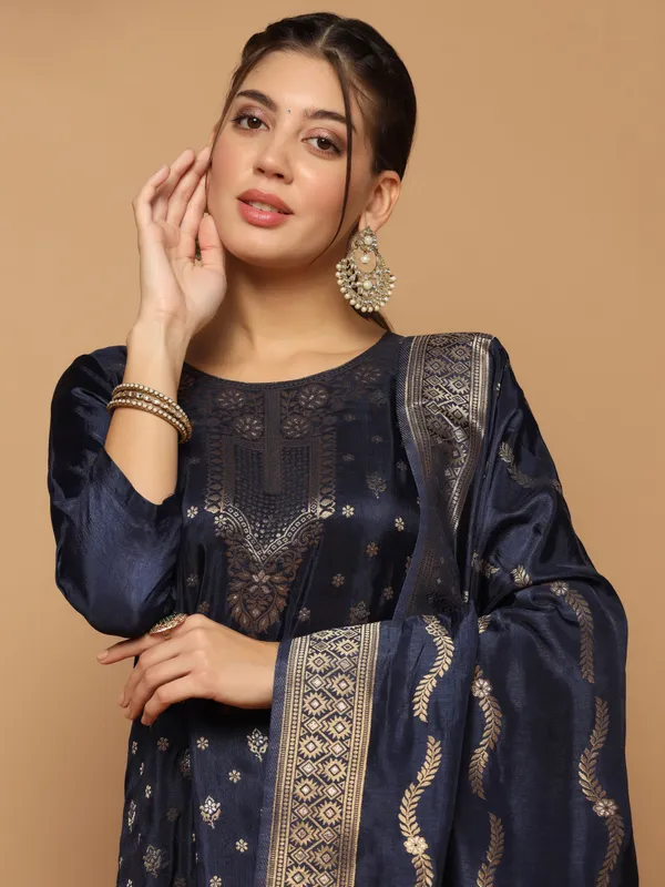 Dark_Blue_Dola_Silk_Jacquard_Work_Kurta_Set_With_Dupatta_For_Women