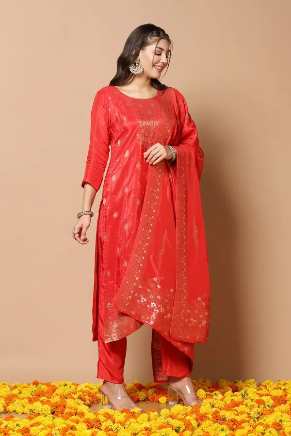 Red_Dola_Silk_Jacquard_Work_Kurta_Set_With_Dupatta_For_Women
