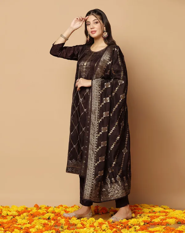 Brown_Dola_Silk_Jacquard_Work_Kurta_Set_With_Dupatta_For_Women