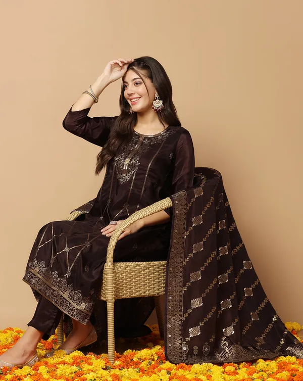 Brown_Dola_Silk_Jacquard_Work_Kurta_Set_With_Dupatta_For_Women