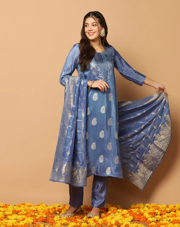 Powder_Blue_Dola_Silk_Jacquard_Work_Kurta_Set_With_Dupatta_For_Women