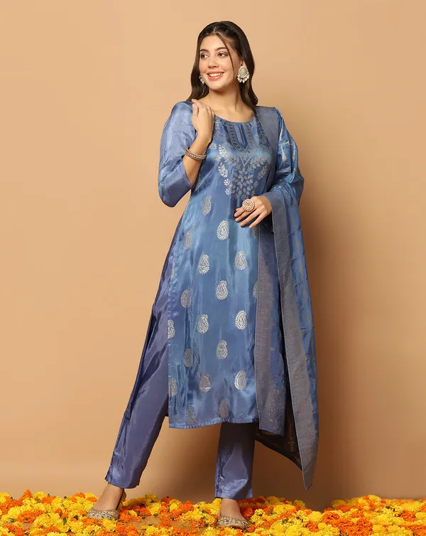 Powder_Blue_Dola_Silk_Jacquard_Work_Kurta_Set_With_Dupatta_For_Women