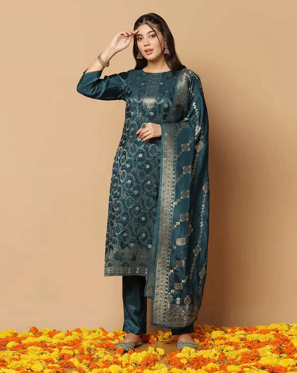 Teal_Blue_Dola_Silk_Jacquard_Work_Kurta_Set_With_Dupatta_For_Women