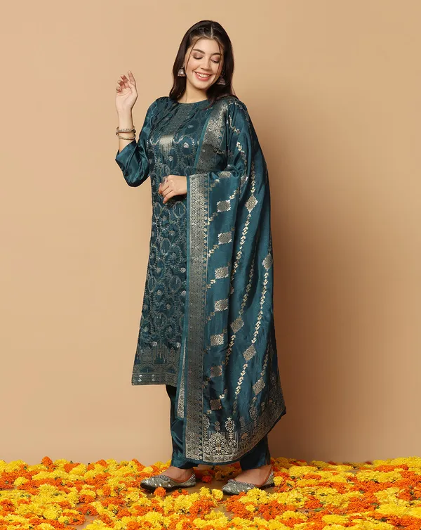 Teal_Blue_Dola_Silk_Jacquard_Work_Kurta_Set_With_Dupatta_For_Women