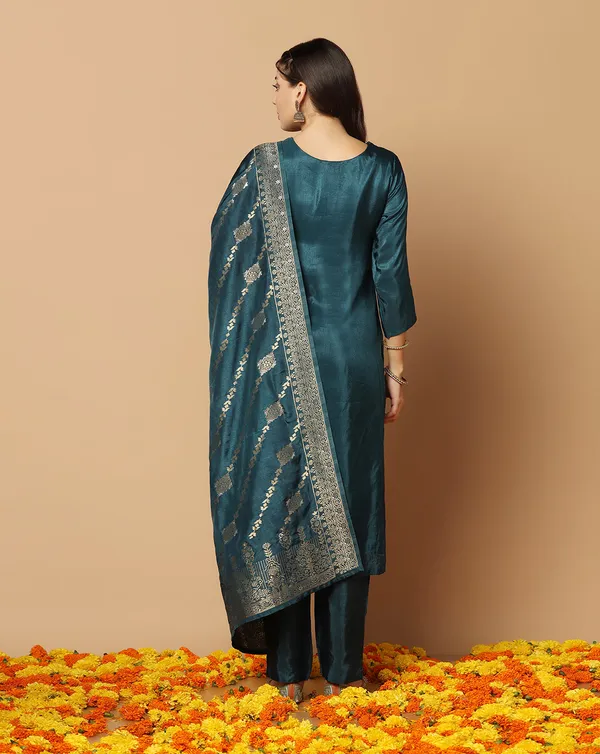 Teal_Blue_Dola_Silk_Jacquard_Work_Kurta_Set_With_Dupatta_For_Women