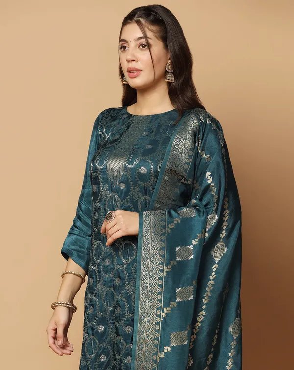 Teal_Blue_Dola_Silk_Jacquard_Work_Kurta_Set_With_Dupatta_For_Women