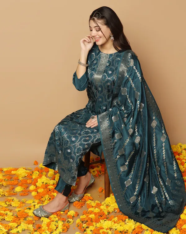 Teal_Blue_Dola_Silk_Jacquard_Work_Kurta_Set_With_Dupatta_For_Women