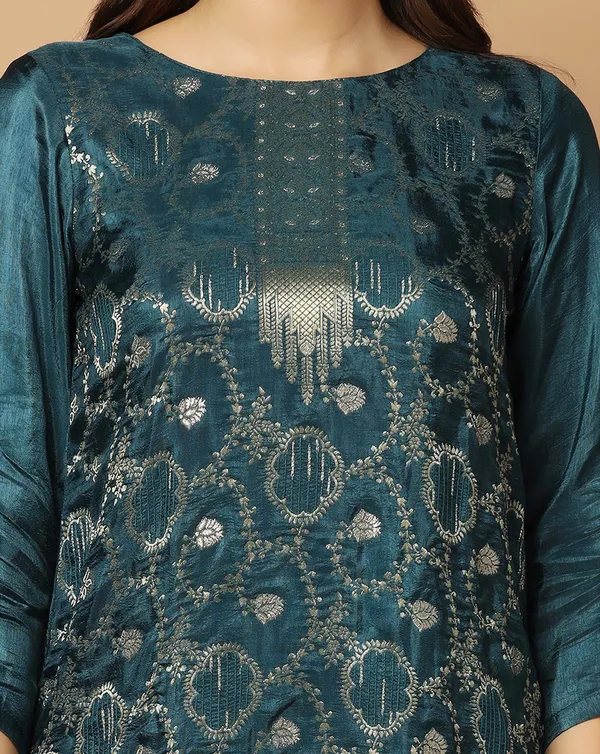Teal_Blue_Dola_Silk_Jacquard_Work_Kurta_Set_With_Dupatta_For_Women