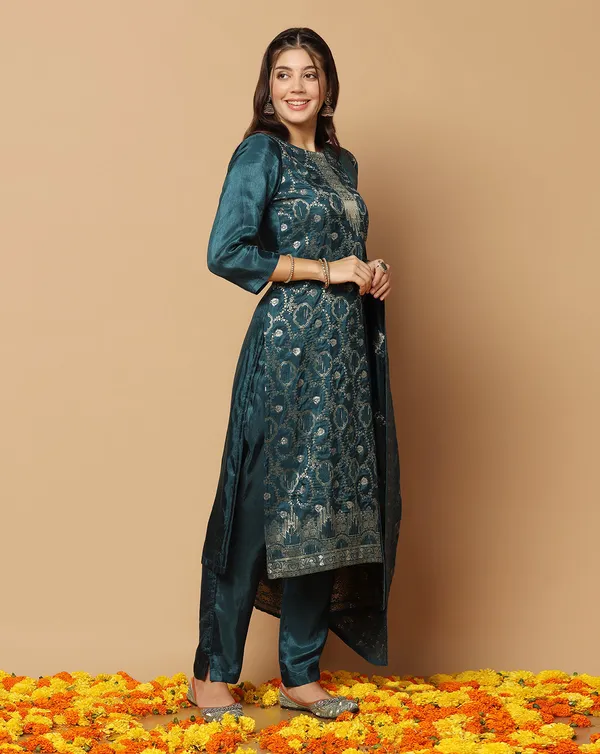 Teal_Blue_Dola_Silk_Jacquard_Work_Kurta_Set_With_Dupatta_For_Women