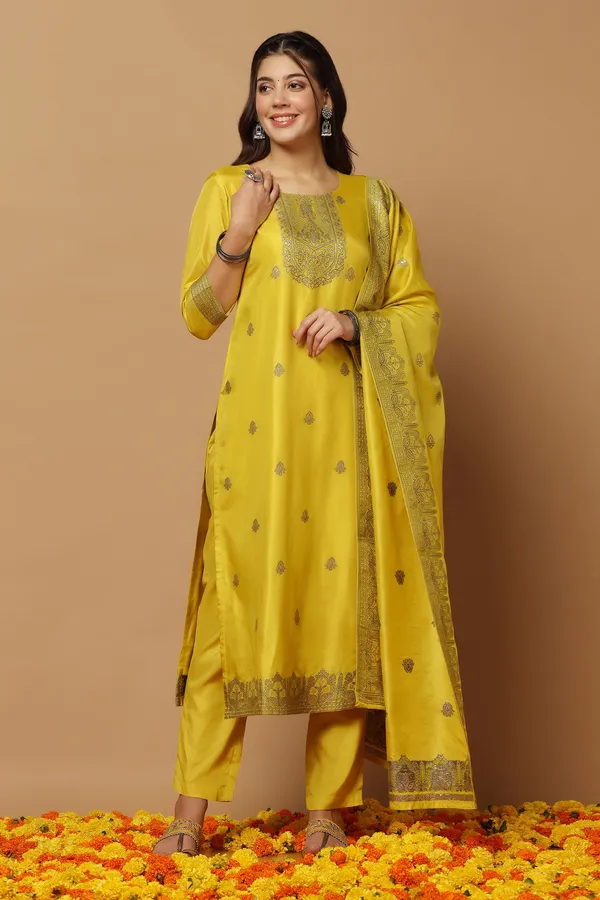 Yellow_Jacquard_Kurta,_Pant_With_Dupatta_Set