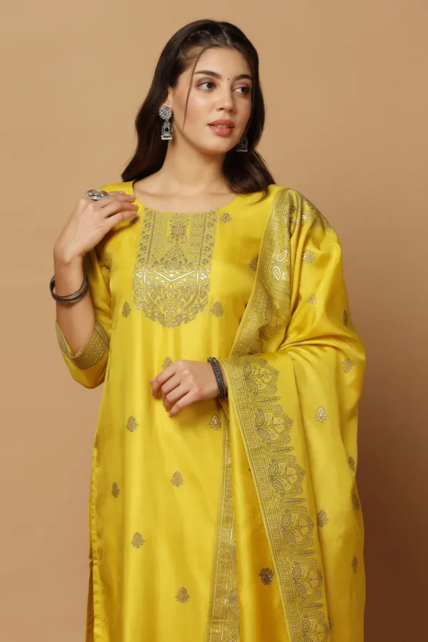 Yellow_Jacquard_Kurta,_Pant_With_Dupatta_Set