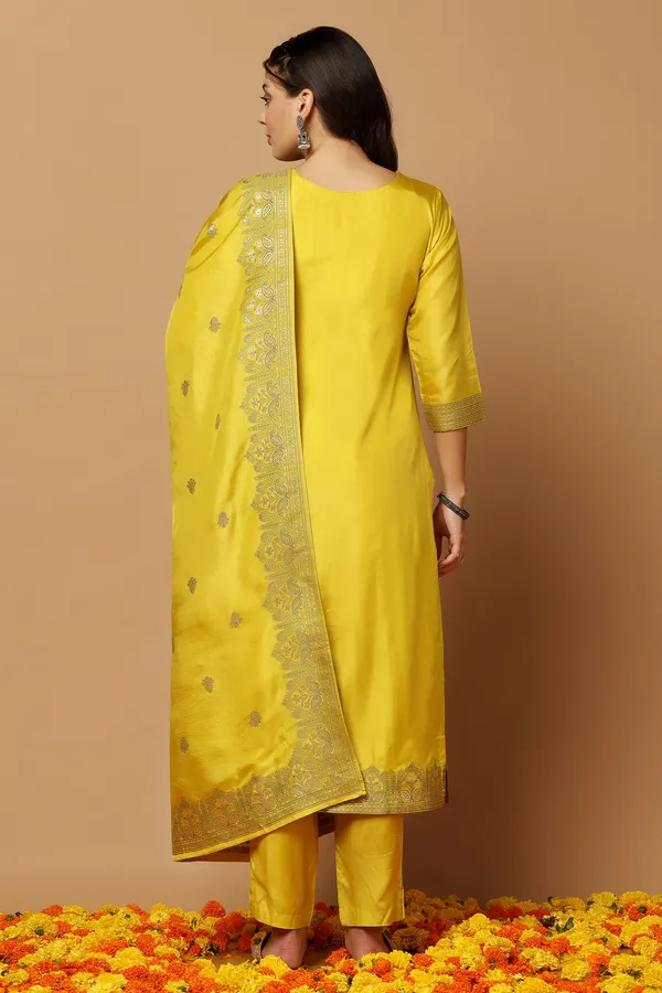 Yellow_Jacquard_Kurta,_Pant_With_Dupatta_Set