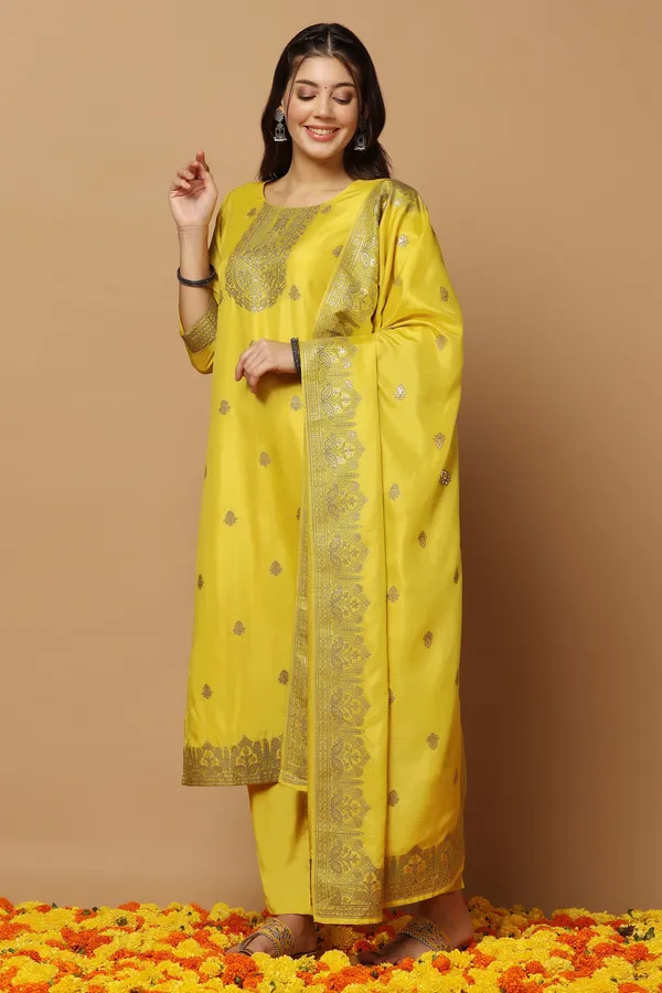 Yellow_Jacquard_Kurta,_Pant_With_Dupatta_Set