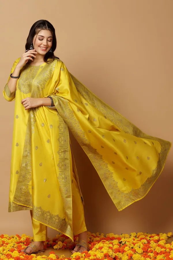 Yellow_Jacquard_Kurta,_Pant_With_Dupatta_Set