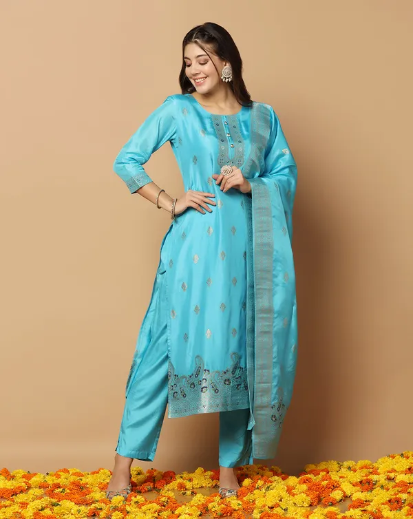 Sky_Jacquard_Kurta_And_Pant_Set_With_Dupatta