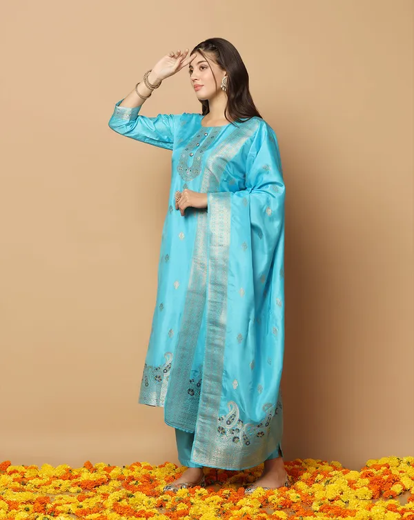 Sky_Jacquard_Kurta_And_Pant_Set_With_Dupatta