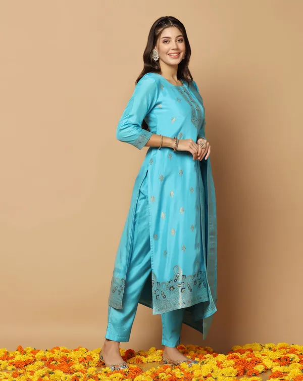 Sky_Jacquard_Kurta_And_Pant_Set_With_Dupatta