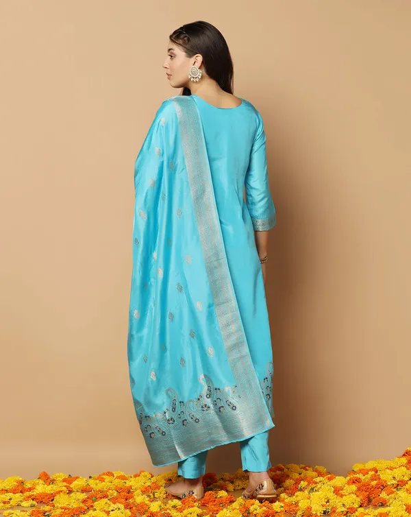 Sky_Jacquard_Kurta_And_Pant_Set_With_Dupatta