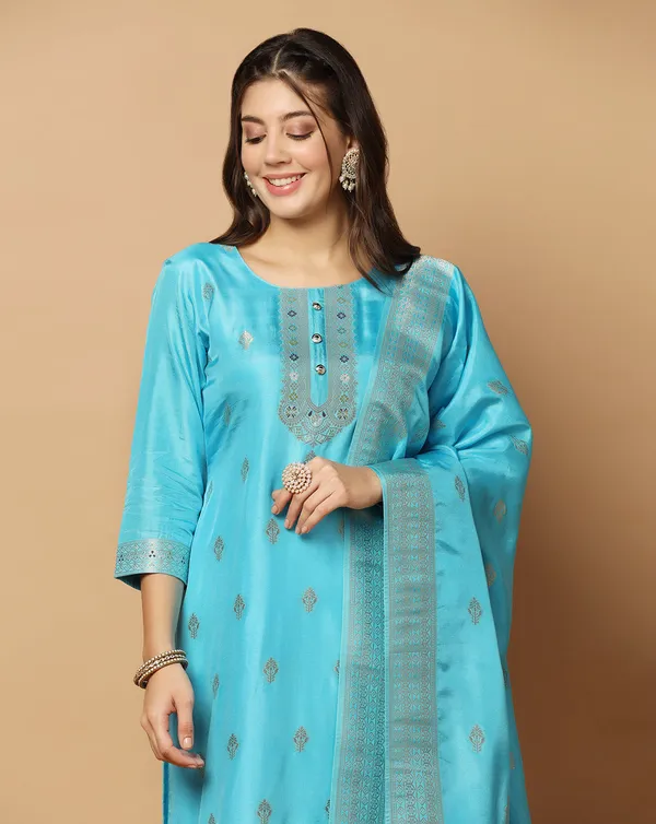 Sky_Jacquard_Kurta_And_Pant_Set_With_Dupatta