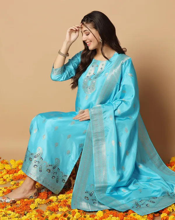 Sky_Jacquard_Kurta_And_Pant_Set_With_Dupatta