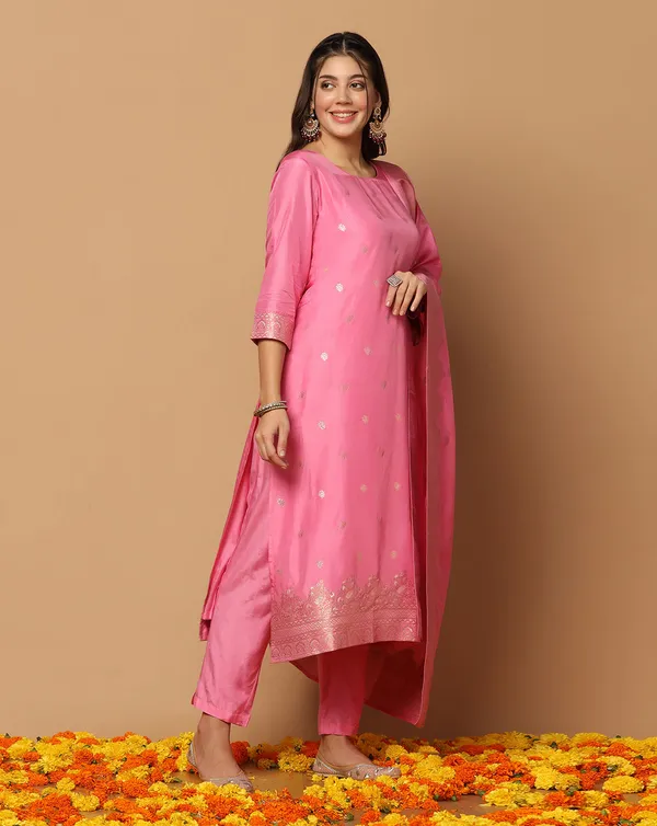 Baby_Pink_Jacquard_Kurta_And_Pant_Set_With_Dupatta