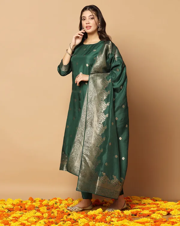 Dark_Green_Jacquard_Kurta_And_Pant_Set_With_Dupatta
