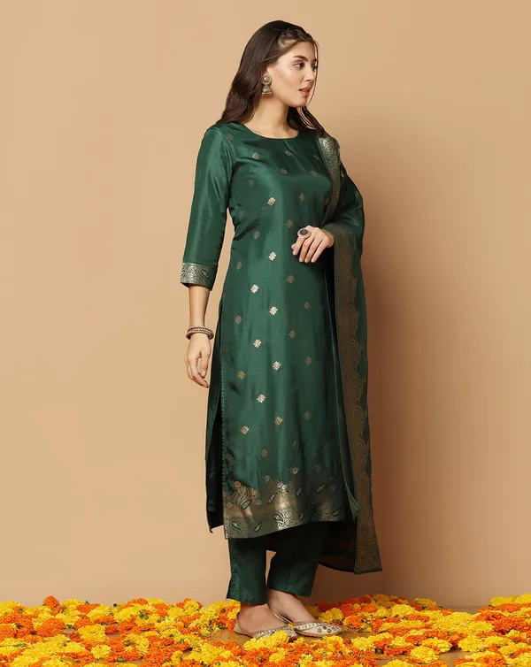 Dark_Green_Jacquard_Kurta_And_Pant_Set_With_Dupatta