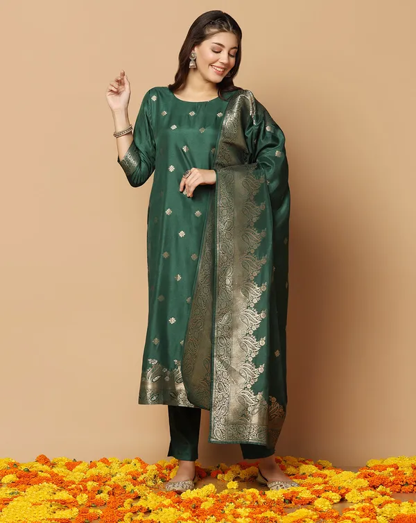 Dark_Green_Jacquard_Kurta_And_Pant_Set_With_Dupatta