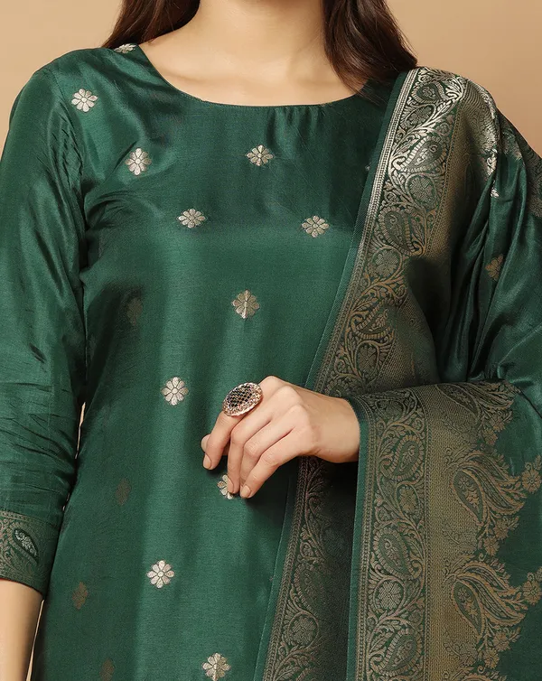 Dark_Green_Jacquard_Kurta_And_Pant_Set_With_Dupatta