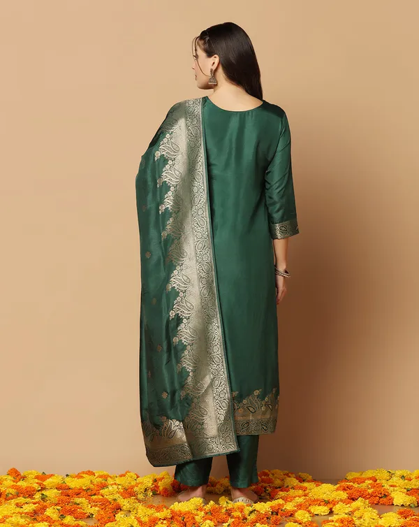 Dark_Green_Jacquard_Kurta_And_Pant_Set_With_Dupatta