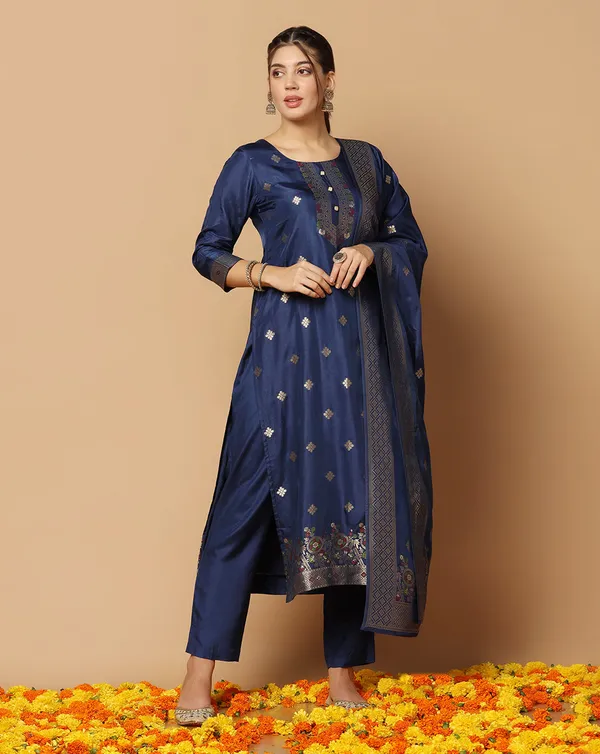 Dark_Blue_Jacquard_Kurta_And_Pant_Set_With_Dupatta