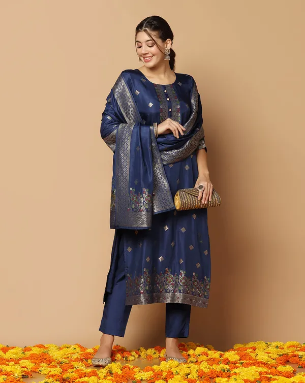 Dark_Blue_Jacquard_Kurta_And_Pant_Set_With_Dupatta
