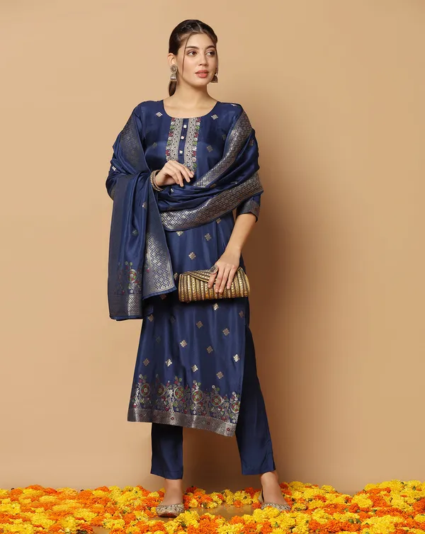 Dark_Blue_Jacquard_Kurta_And_Pant_Set_With_Dupatta