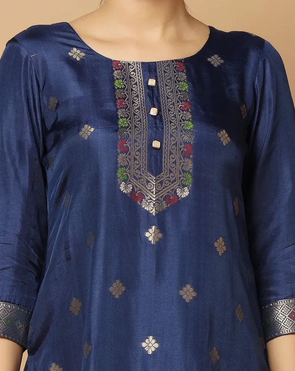 Dark_Blue_Jacquard_Kurta_And_Pant_Set_With_Dupatta
