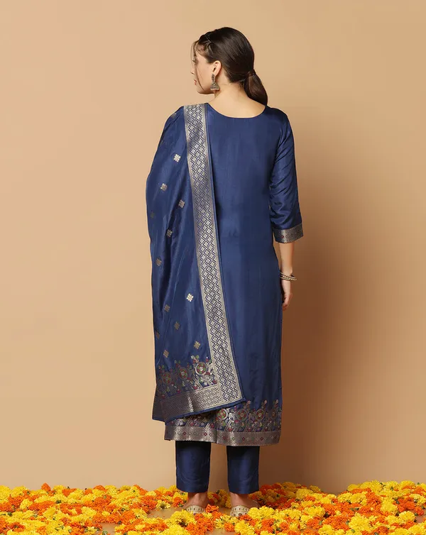 Dark_Blue_Jacquard_Kurta_And_Pant_Set_With_Dupatta