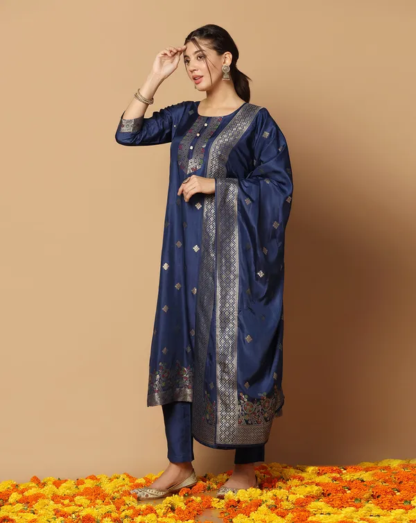Dark_Blue_Jacquard_Kurta_And_Pant_Set_With_Dupatta