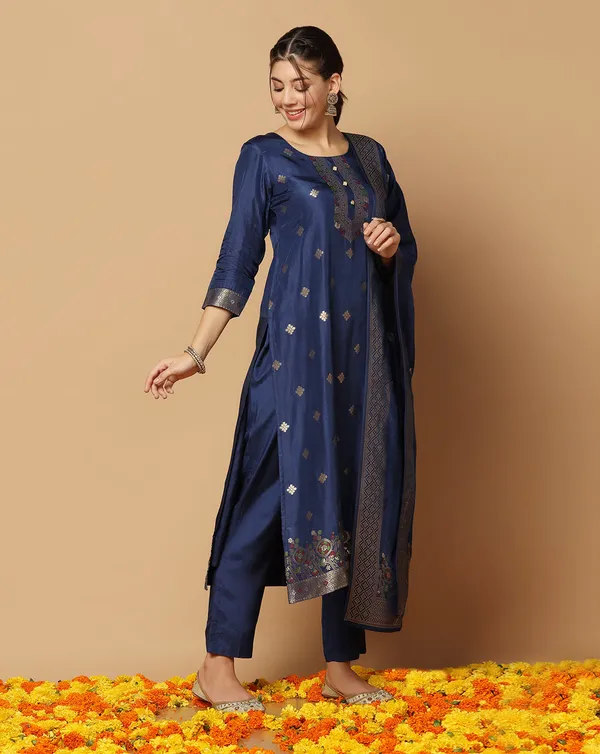 Dark_Blue_Jacquard_Kurta_And_Pant_Set_With_Dupatta