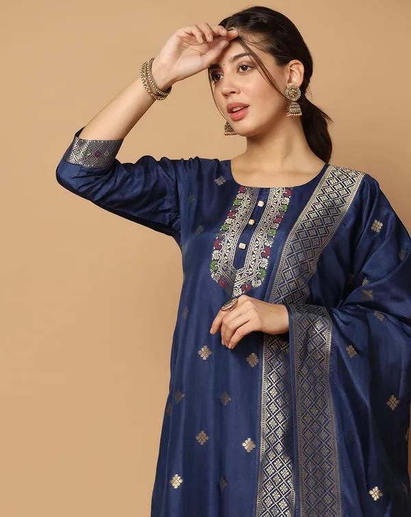 Dark_Blue_Jacquard_Kurta_And_Pant_Set_With_Dupatta