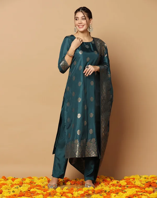 Teal_Blue_Jacquard_Kurta_And_Pant_Set_With_Dupatta