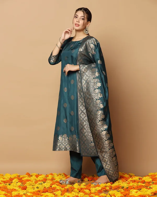 Teal_Blue_Jacquard_Kurta_And_Pant_Set_With_Dupatta